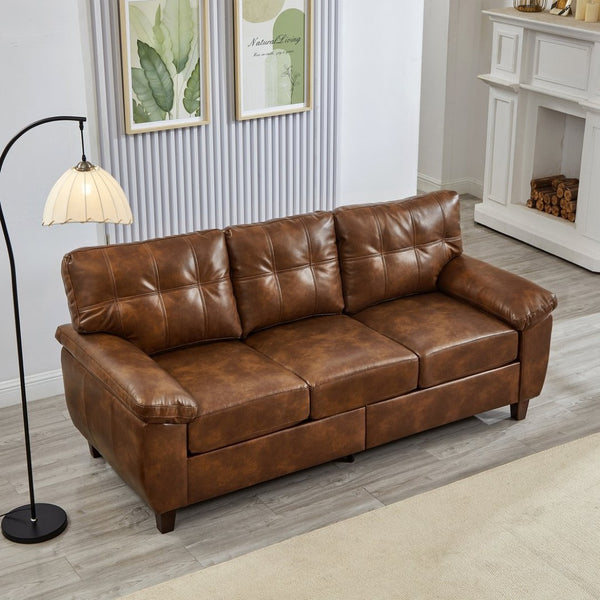 English Elm 79" Three Seat Pu Faux Leather Sofa Tufted Back Wide Arm with Hidden Storage Brown W1097S00248