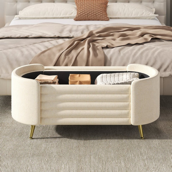 English Elm Modern Boucle Tufted Storage Ottoman Bench with Gold Legs for Bedroom or Entryway Beige N719P305628A