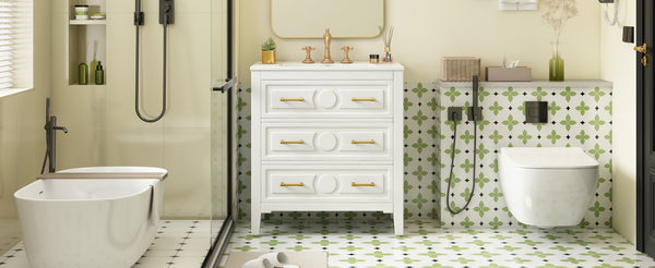 English Elm 30'' Bathroom Vanity with Ceramic Sink, Solid Wood Frame Retro Style Vanity with 3 Drawers & Gold Handles White N710P246209K