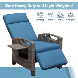 English Elm Outdoor Recliner Chair with Hand‑Woven Resin Wicker, Built‑In Flip Table, Thick Cushions, 150° Recline Blue W1859P196402
