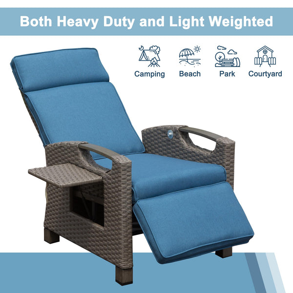 English Elm Outdoor Recliner Chair with Hand‑Woven Resin Wicker, Built‑In Flip Table, Thick Cushions, 150° Recline Blue W1859P196402