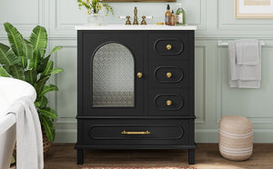 English Elm 30" Freestanding Bathroom Vanity Solid Wood Cabinet Ceramic Basin 3 Drawer Storage Black W1580P382511