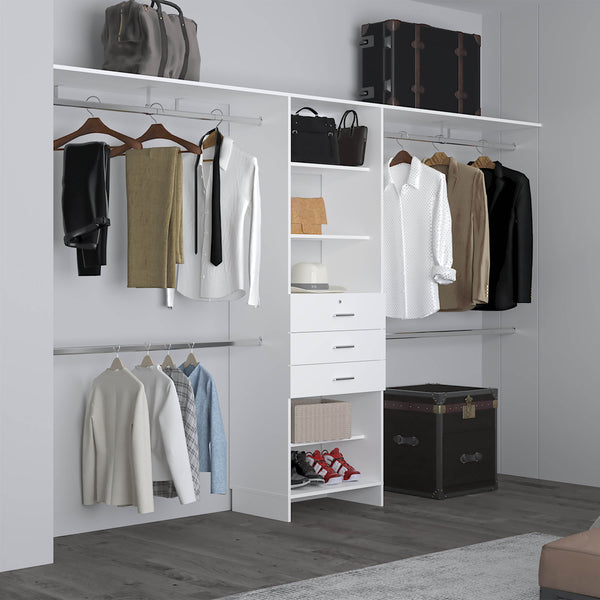 English Elm Closet Adjustable Storage System 70–118" W with Three Hanging Rods, Five Shelves & One Drawer, Engineered Wood White 74.41 L x 20.87 W x 3.94 H B097S00196
