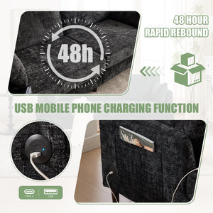 English Elm Modern chenille 2-seater sofa with LED, USB charging, storage pocket, solid wood legs, durable comfort Black W395P318548