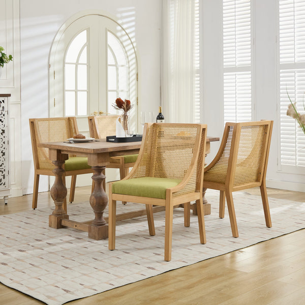 English Elm Rattan Solid Wood Dining Chair with Linen Seat and Decorative Armrests, Rustic Faux Rattan Elegance for Home Olive Green W1143P335054