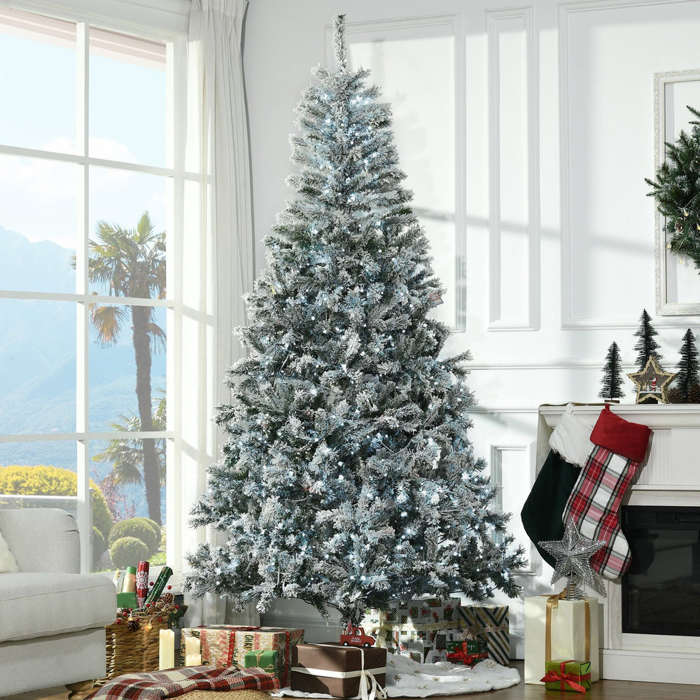 English Elm HOMCOM 7.5' Flocked Artificial Christmas Tree Prelit with 500 Cold White LEDs, 1254 Branches, Flame-Retardant W2225P173951