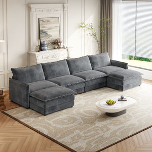 English Elm Corduroy 4-Seater Modular Cloud Couch With Soft Upholstery, Dual-Layer Cushions & Movable Footrests W834S00434