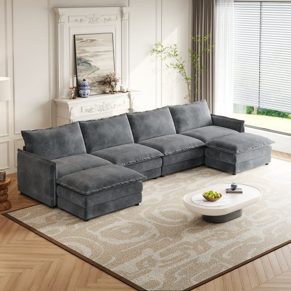 English Elm Corduroy 4-Seater Modular Cloud Couch With Soft Upholstery, Dual-Layer Cushions & Movable Footrests W834S00434
