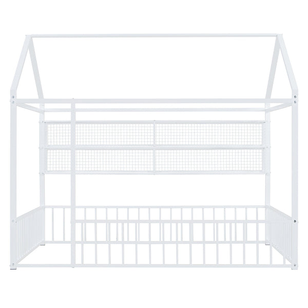 English Elm Full Metal House Bed Frame Full Size with Built-In Fence and 4 Grid Shelves for Durable Storage and Style White N737P175361K