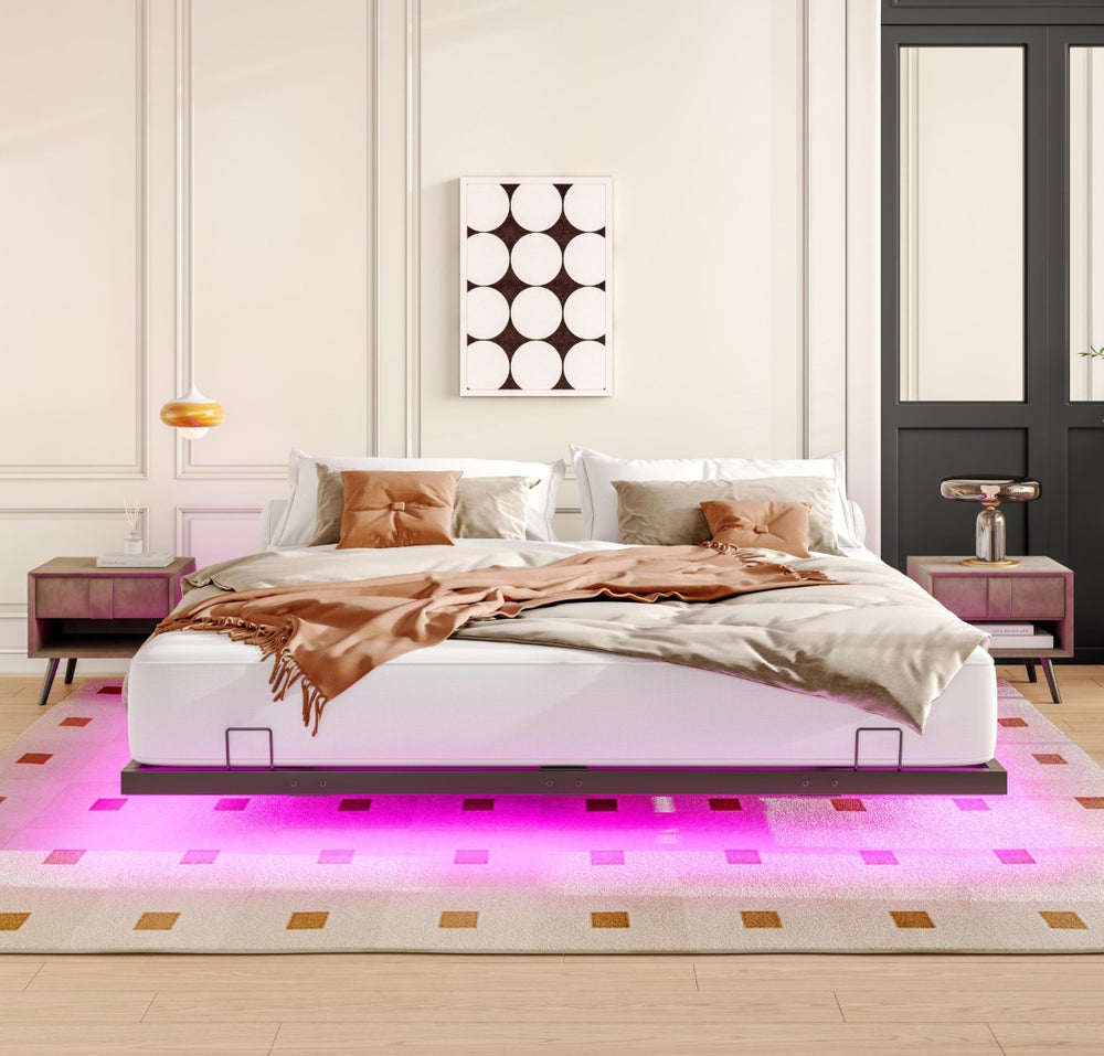 English Elm King Metal Platform Bed with Led Underlighting Low Profile Industrial Frame W1670P255522