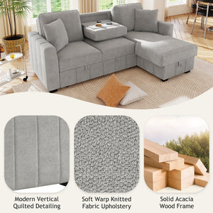 English Elm U_style Modular Sectional Sleeper Sofa with Storage Chaise and Cup Holders for Living Room Grey WY000467AAE