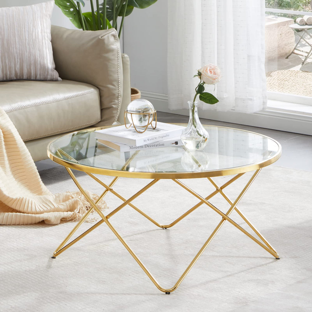 Homeroots 32" Glass And Gold Geo Round Coffee Table   481002