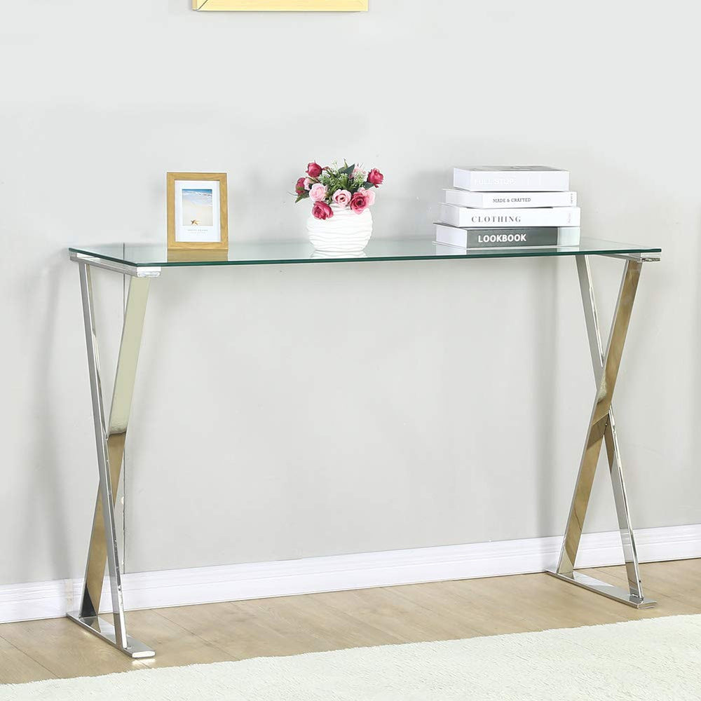 Homeroots 12" Clear And Silver Glass Frame Console Table   481011