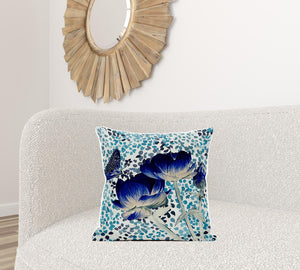 Homeroots 20" X 20" Blue And Off White Butterfly Broadcloth Floral Zippered Pillow   481023