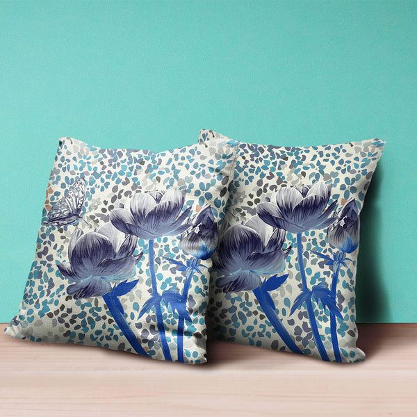 Homeroots 20" X 20" Blue And Gray Butterfly Broadcloth Floral Zippered Pillow   481026