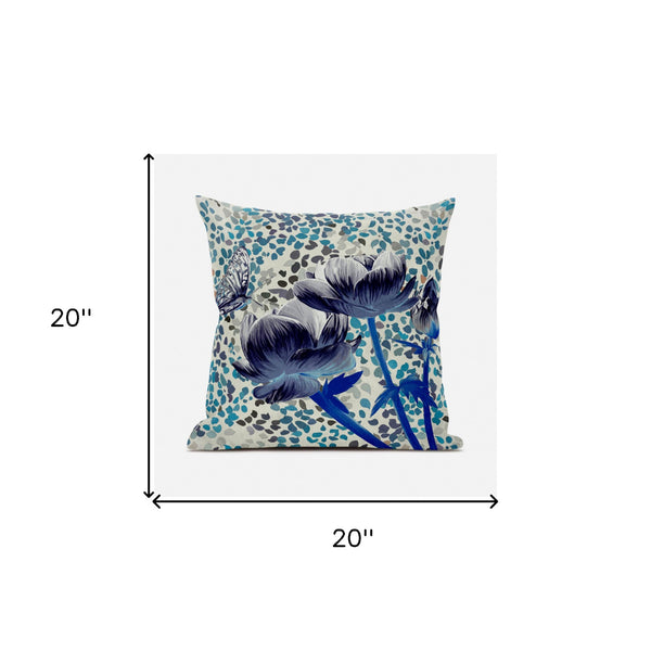 Homeroots 20" X 20" Blue And Gray Butterfly Broadcloth Floral Zippered Pillow   481026