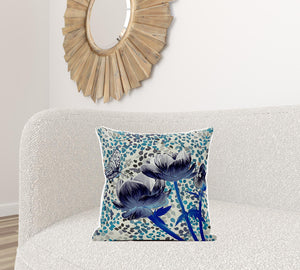 Homeroots 20" X 20" Blue And Gray Butterfly Broadcloth Floral Zippered Pillow   481026