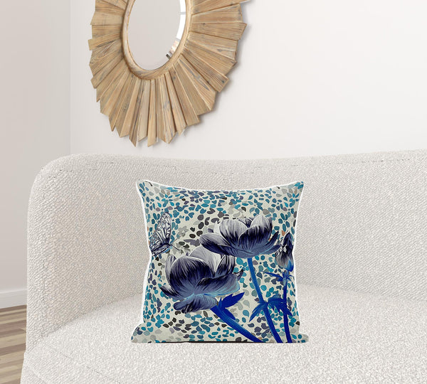 Homeroots 20" X 20" Blue And Gray Butterfly Broadcloth Floral Zippered Pillow   481026