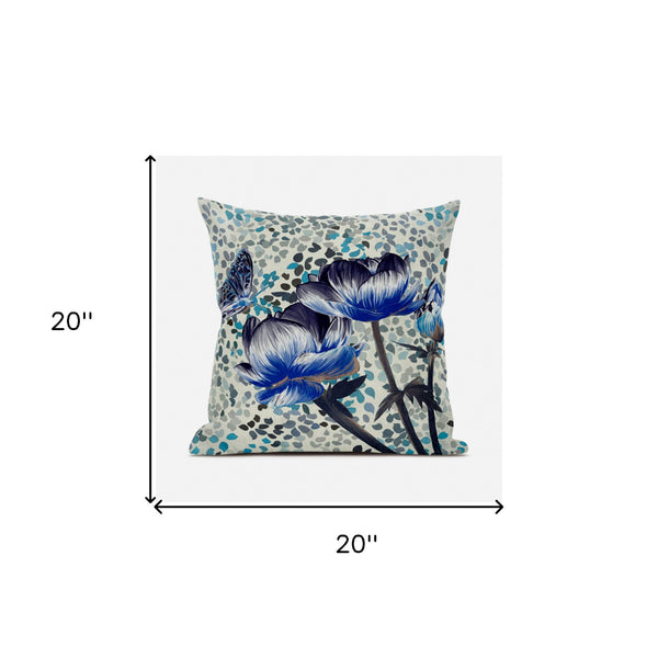 Homeroots 20" X 20" Blue And Green Butterfly Broadcloth Floral Zippered Pillow   481032