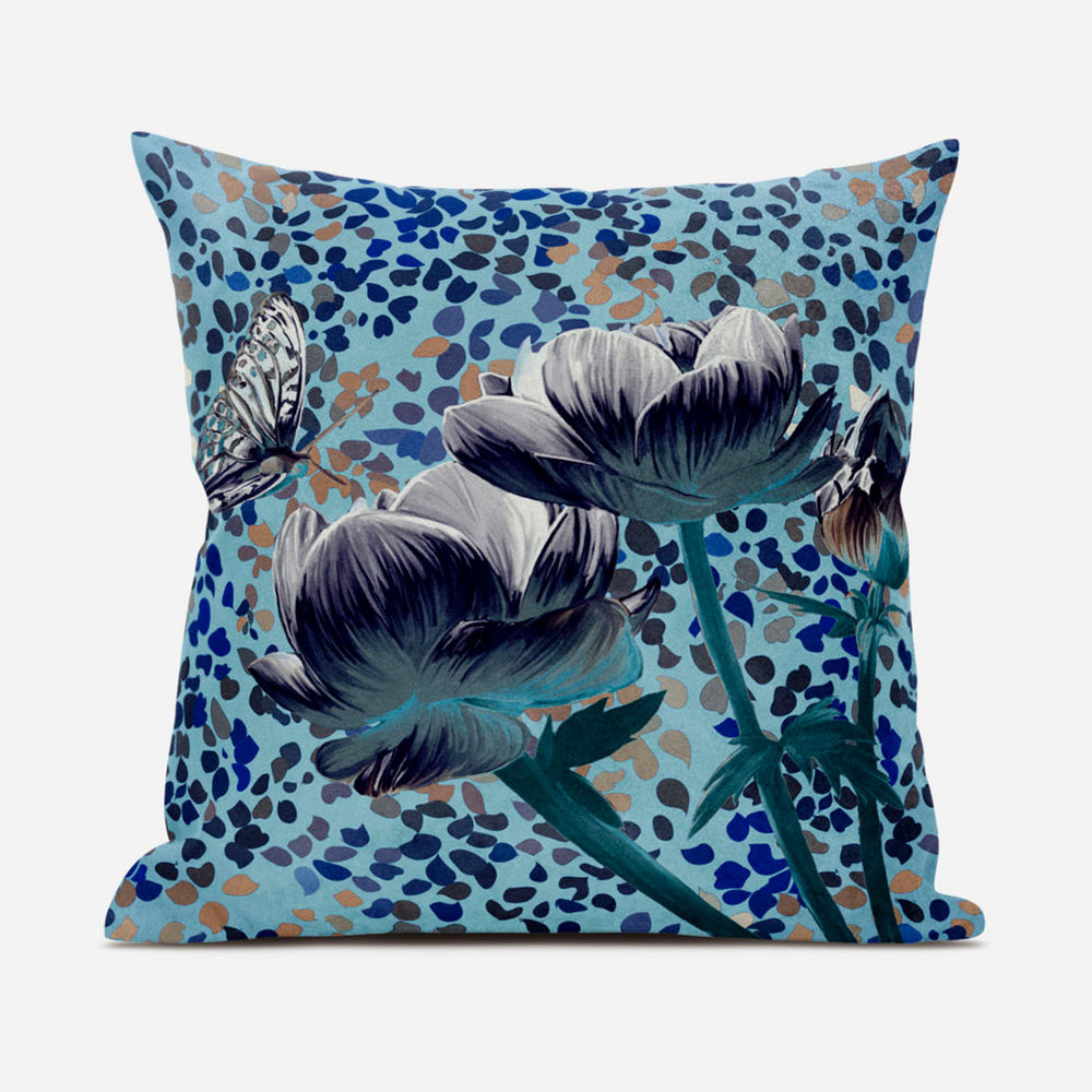 Homeroots 20" X 20" Blue And White Butterfly Broadcloth Floral Zippered Pillow   481035