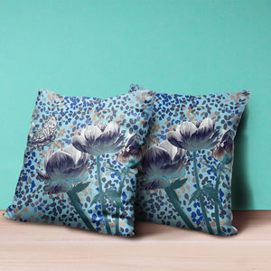 Homeroots 20" X 20" Blue And White Butterfly Broadcloth Floral Zippered Pillow   481035