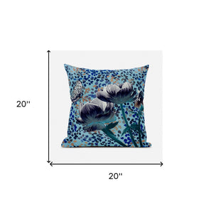 Homeroots 20" X 20" Blue And White Butterfly Broadcloth Floral Zippered Pillow   481035