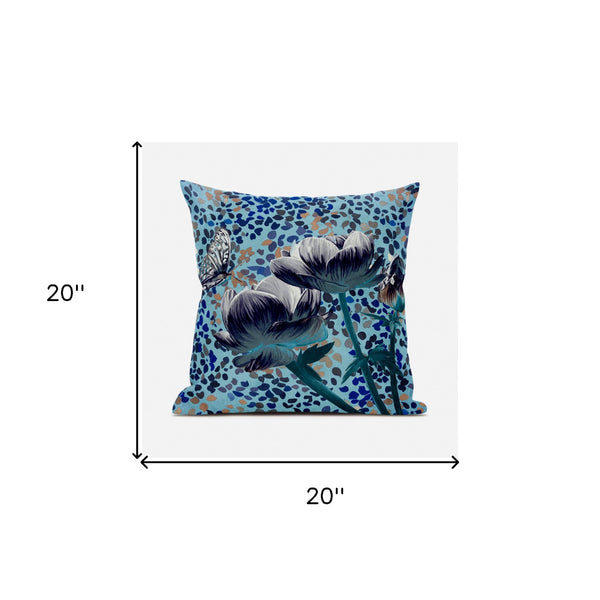 Homeroots 20" X 20" Blue And White Butterfly Broadcloth Floral Zippered Pillow   481035