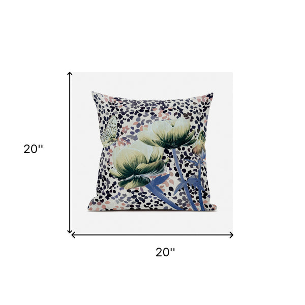 Homeroots 20" X 20" Blue And Black Butterfly Broadcloth Floral Zippered Pillow   481038