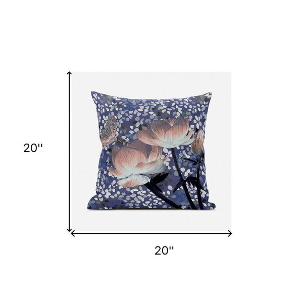 Homeroots 20" X 20" Blue And Gray Butterfly Broadcloth Floral Zippered Pillow   481050