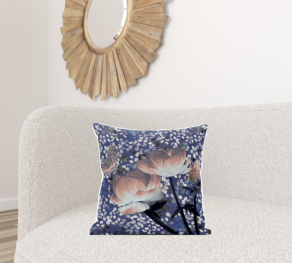 Homeroots 20" X 20" Blue And Gray Butterfly Broadcloth Floral Zippered Pillow   481050