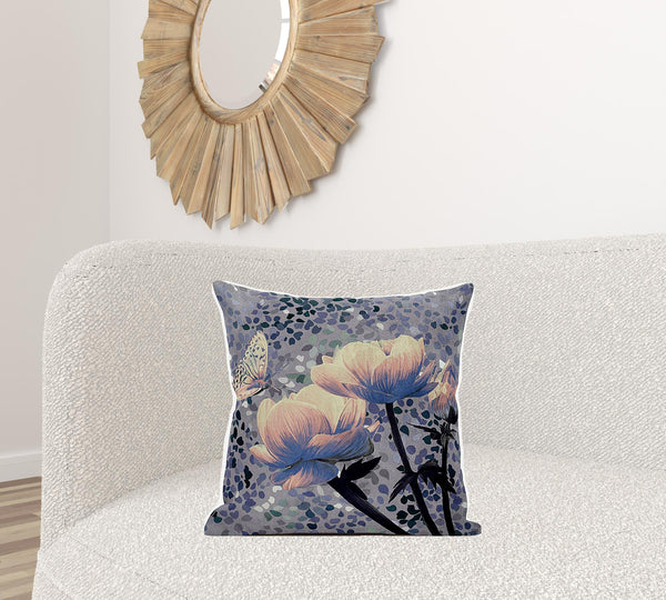 Homeroots 20" X 20" Gray And Yellow Butterfly Broadcloth Floral Zippered Pillow   481053