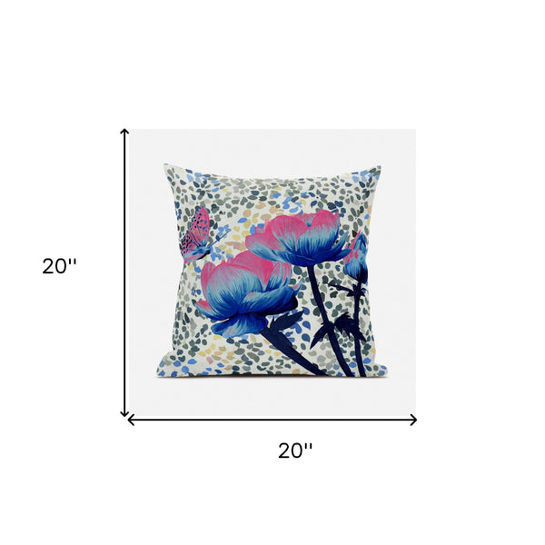 Homeroots 20" X 20" Pink And Blue Butterfly Broadcloth Floral Zippered Pillow   481056