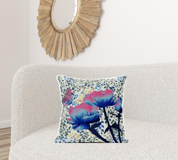 Homeroots 20" X 20" Pink And Blue Butterfly Broadcloth Floral Zippered Pillow   481056