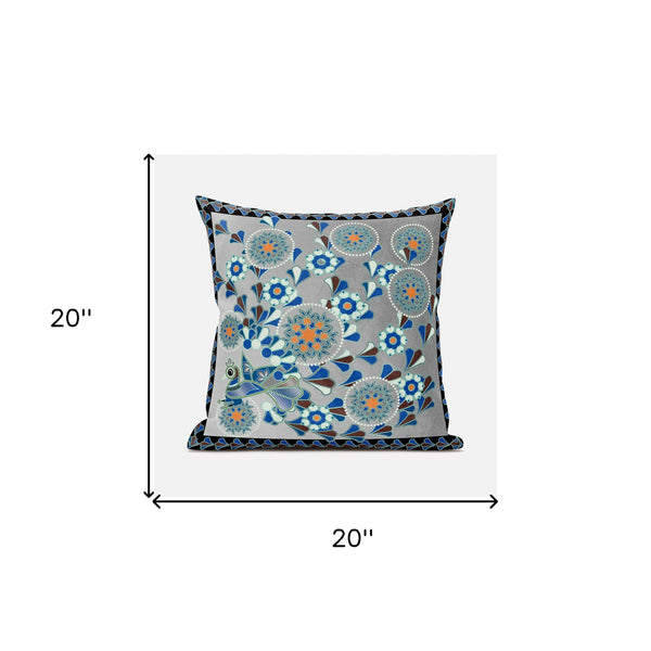 Homeroots 20" X 20" Gray And Black Peacock Broadcloth Floral Zippered Pillow   481077