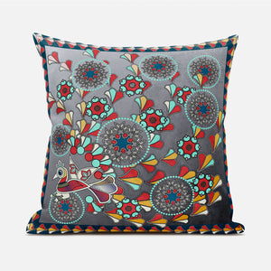 Homeroots 20" X 20" Blue And Gray Peacock Broadcloth Floral Zippered Pillow   481083