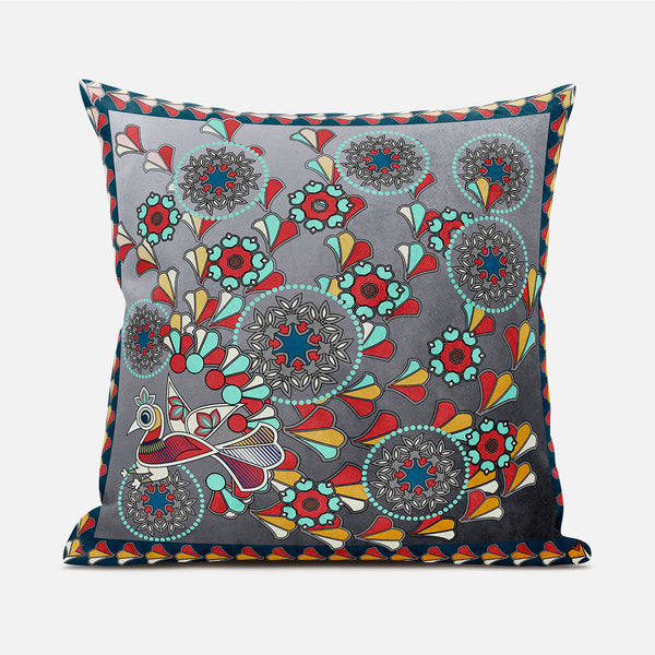 Homeroots 20" X 20" Blue And Gray Peacock Broadcloth Floral Zippered Pillow   481083