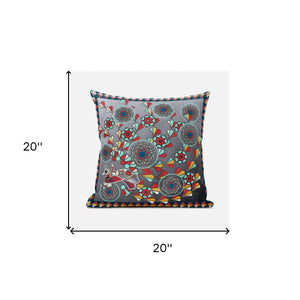 Homeroots 20" X 20" Blue And Gray Peacock Broadcloth Floral Zippered Pillow   481083
