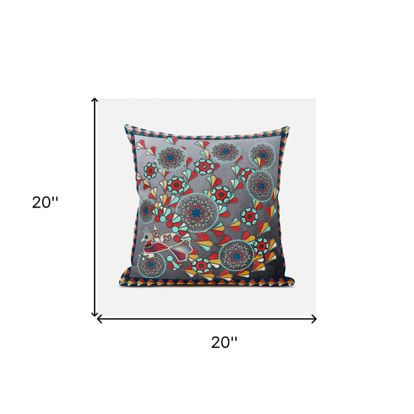Homeroots 20" X 20" Blue And Gray Peacock Broadcloth Floral Zippered Pillow   481083