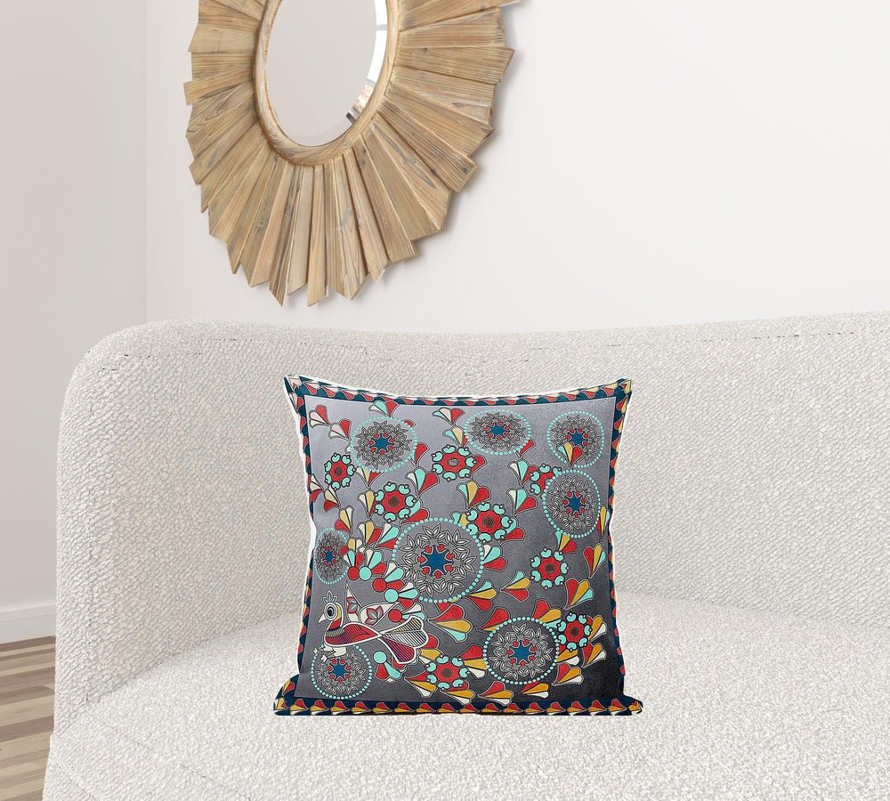 Homeroots 20" X 20" Blue And Gray Peacock Broadcloth Floral Zippered Pillow   481083