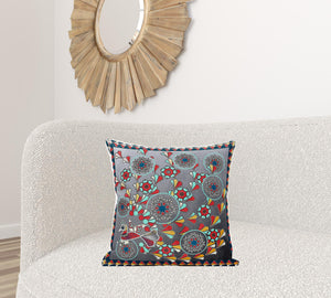 Homeroots 20" X 20" Blue And Gray Peacock Broadcloth Floral Zippered Pillow   481083