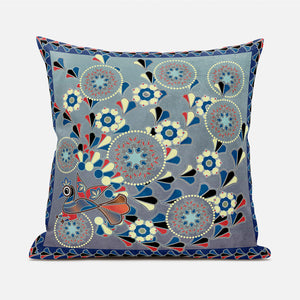 Homeroots 20" X 20" Blue And Gray Peacock Broadcloth Floral Zippered Pillow   481086