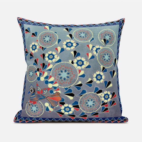 Homeroots 20" X 20" Blue And Gray Peacock Broadcloth Floral Zippered Pillow   481086