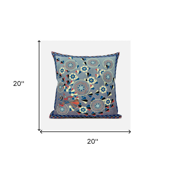 Homeroots 20" X 20" Blue And Gray Peacock Broadcloth Floral Zippered Pillow   481086