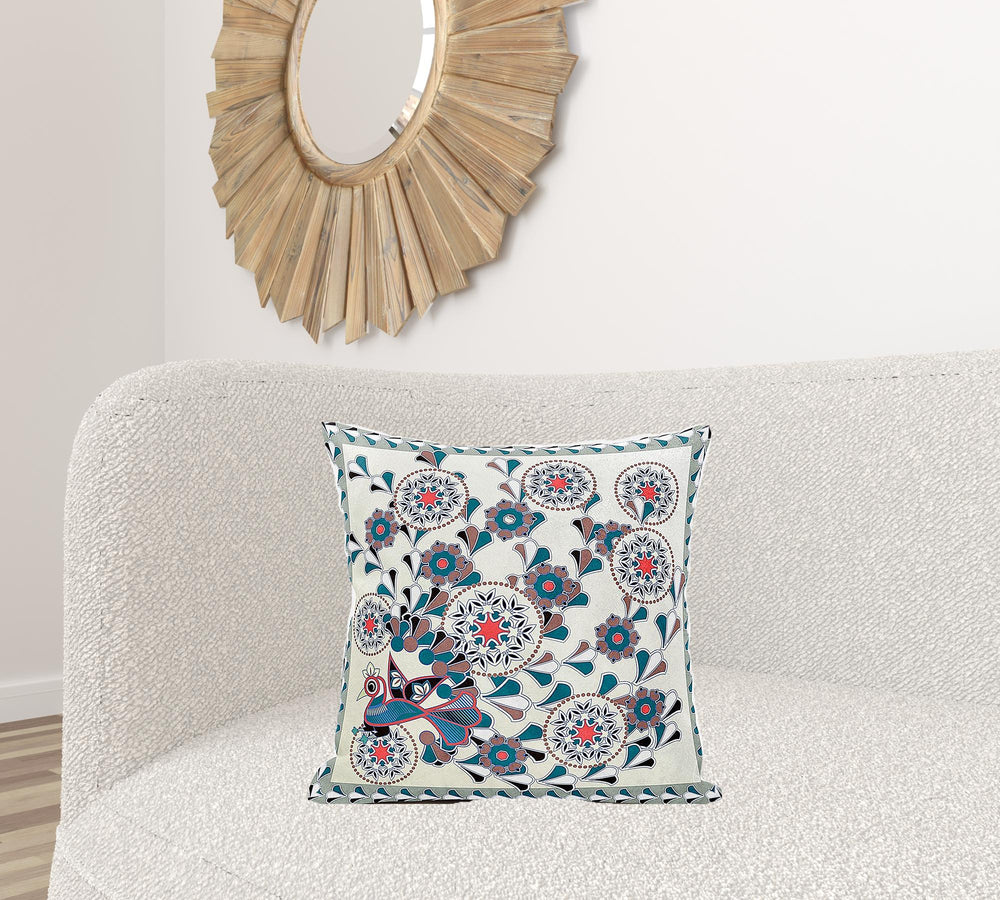 Homeroots 20" X 20" Black And Off White Peacock Broadcloth Floral Zippered Pillow   481110