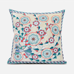 Homeroots 20" X 20" Green And Red Peacock Broadcloth Floral Zippered Pillow   481113