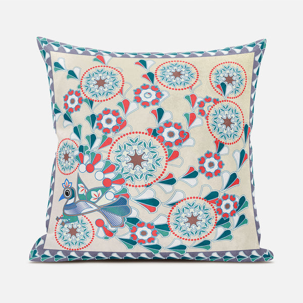 Homeroots 20" X 20" Green And Red Peacock Broadcloth Floral Zippered Pillow   481113