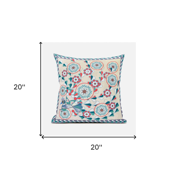 Homeroots 20" X 20" Green And Red Peacock Broadcloth Floral Zippered Pillow   481113