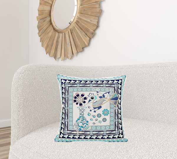 Homeroots 20" X 20" Beige And Black Peacock Broadcloth Floral Zippered Pillow   481122