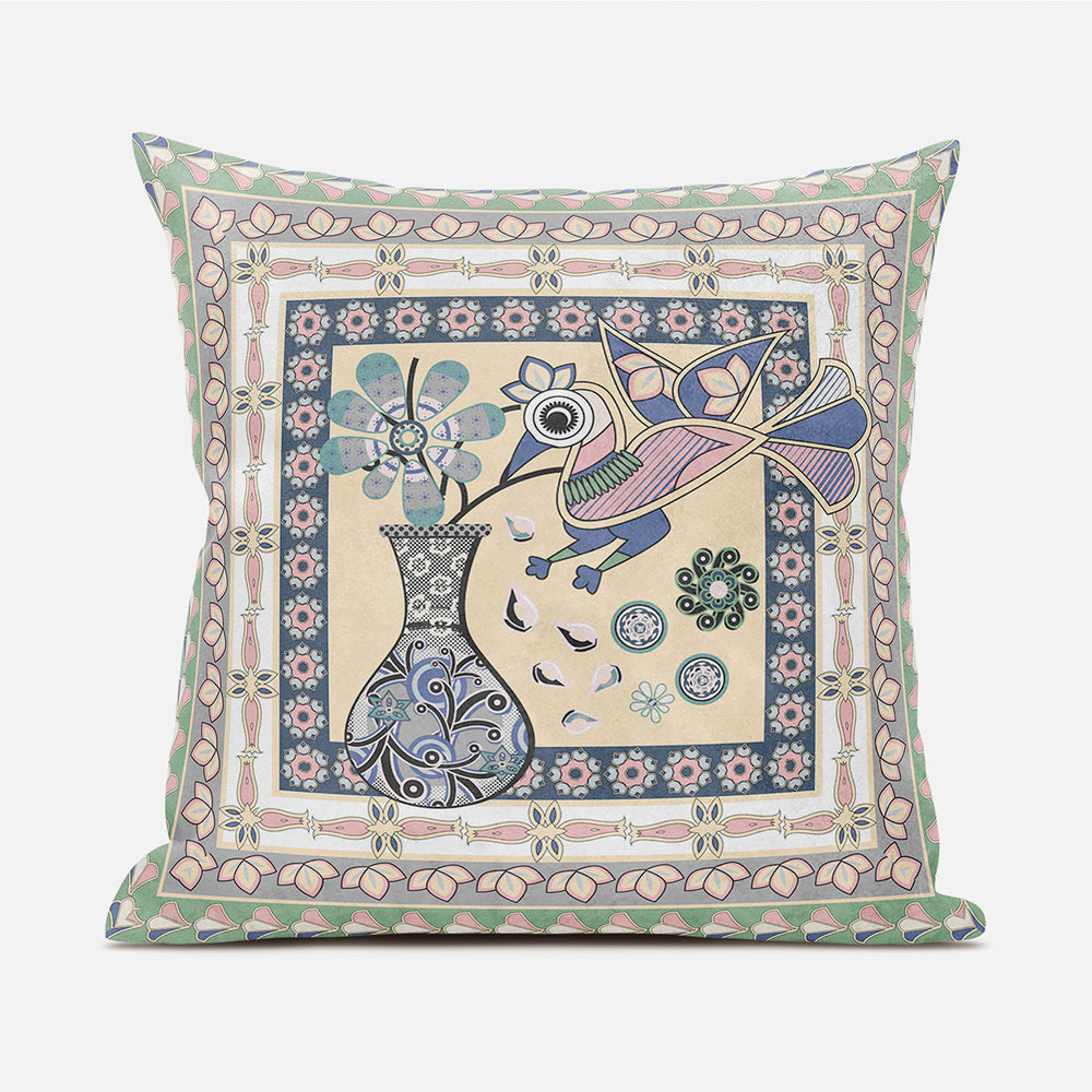 Homeroots 20" X 20" Pink And Green Peacock Broadcloth Floral Zippered Pillow   481140