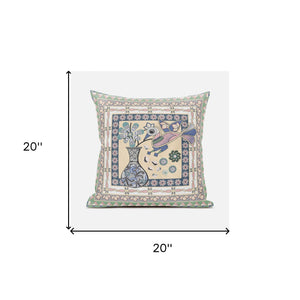 Homeroots 20" X 20" Pink And Green Peacock Broadcloth Floral Zippered Pillow   481140